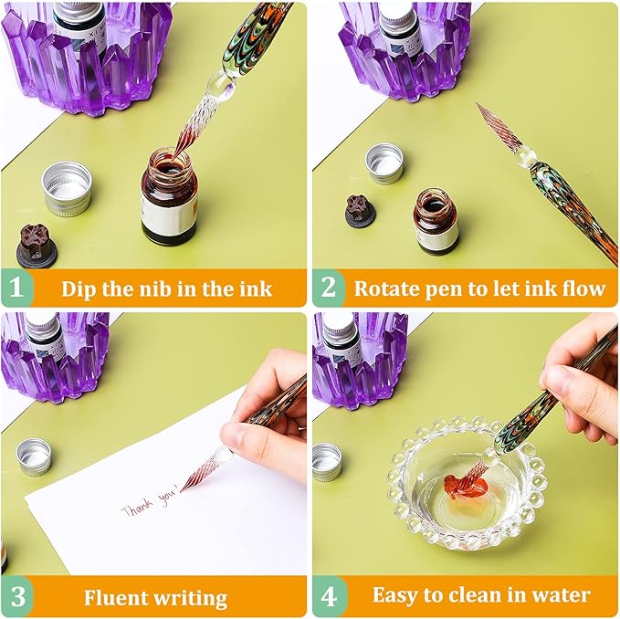 Zonon 6 Pcs Handmade Glass Dip Pen Crystal Glass Signature Pen Calligraphy Glass Pen Dip Ink Pen Borosilicate Present Pen for Writing Drawing Signatures (Vintage Color,Fresh Style)