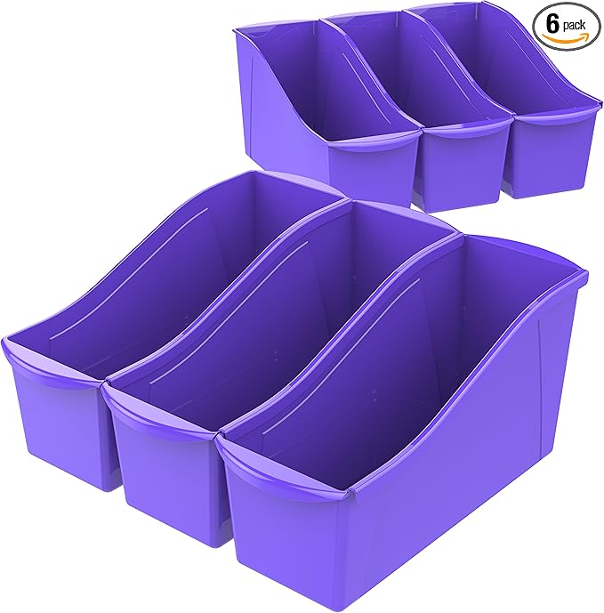 Storex Large Book Bin, Interlocking Plastic Organizer for Home, Office and Classroom, Purple, 6-Pack (71103U06C)