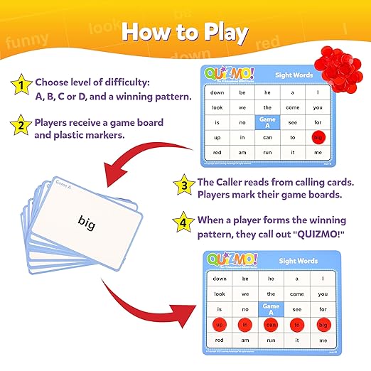 QUIZMO Sight Words - Bingo-Style Vocabulary Game - 4 Levels of Difficulty for Ages 5-9 - Teach Basic Reading and Writing Skills