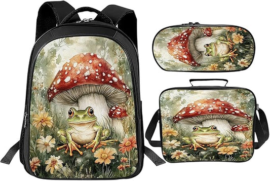 Mushroom Frog Backpack Set 3 Piece School Bags and Lunch Box with Pencil Case Green Cute Frogs Mushrooms Bookbag Set for Toddler Kids Girls Boys Teens Kindergarten Elementary Middle