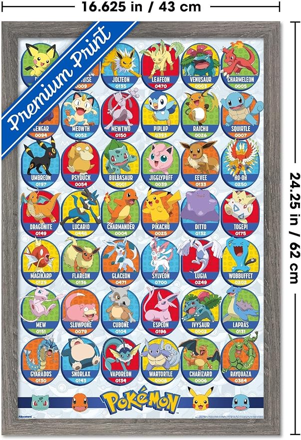 Pokémon: All-Time Favorites - Grid Wall Poster, 22.4L" x 14.7W", Barnwood Framed Version