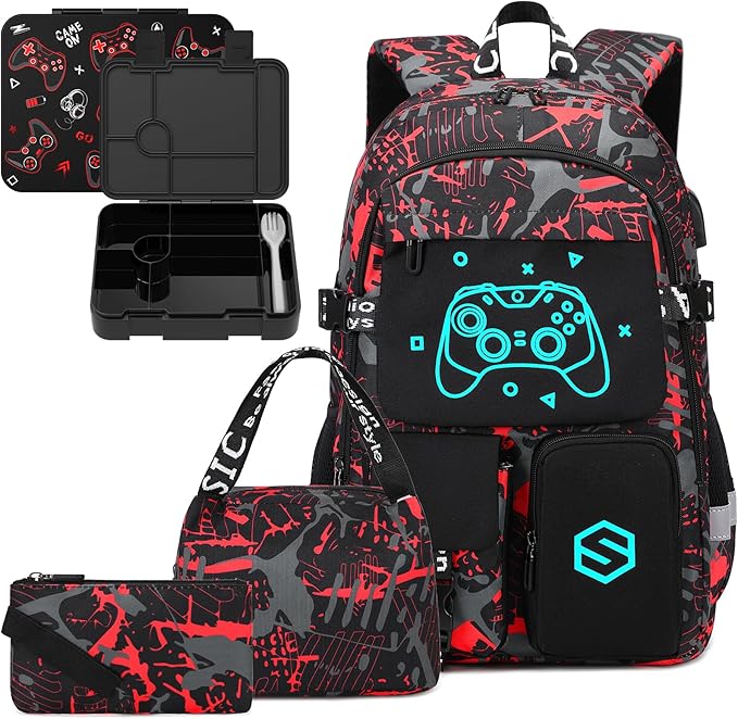 Boys Backpack, Cool Luminous Gamer School Backpacks for Boys with Kids Bento Lunch Box Lunch Bag Pencil Case, Kids Backpack Book Bags for Kindergarten Elementary Middle School