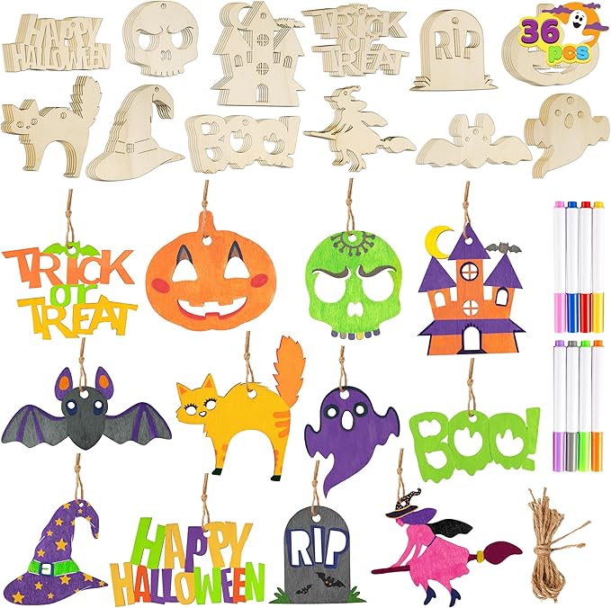 JOYIN 36 Pcs Halloween Craft Wooden Painting Kit, Halloween Party Supplies, Party Favors for Kids, Wood Blank Cutouts Ornaments, Gift Tags Decor for School Art DIY Activities Goodies Games(Age 8+)