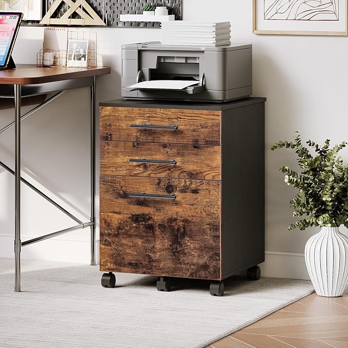 HOOBRO 3-Drawer File Cabinet, Wooden Under Desk Filing Cabinet, fits A4/Letter Size for Home Office, Small Rolling Storage Drawer Chest, Printer Stand with Drawers, Rustic Brown and Black BF02WJ01G1