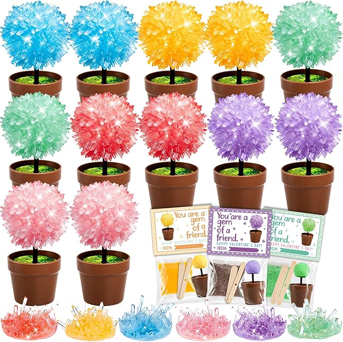 MOVINPE Crystal Flower Growing Kit for Kids – 12 Pack Valentine’s Day Classroom Gift Exchange, STEM Crystals Flower Science Kits with 6 Colors Crystal Powder & Seeds, Non-Candy School Gifts