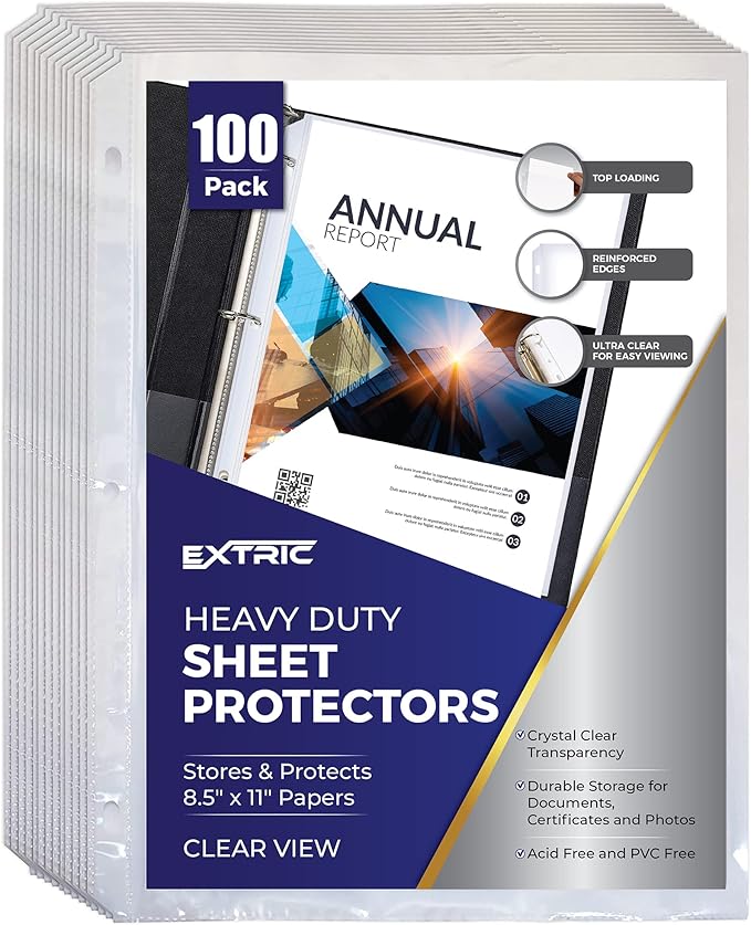 Heavy Duty Sheet Protectors for 3 Ring Binder, 100 Count Clear Page Protectors, Top Loading Plastic Sleeves 8.5 x 11 inch