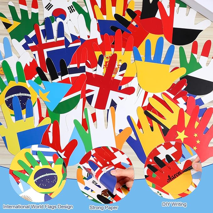 36 Pcs Around The World Bulletin Board Set Flags of The World Multicultural Hands Cut Out Decorations International Country Flags History Classroom Decor Diversity Back to School Wall Door