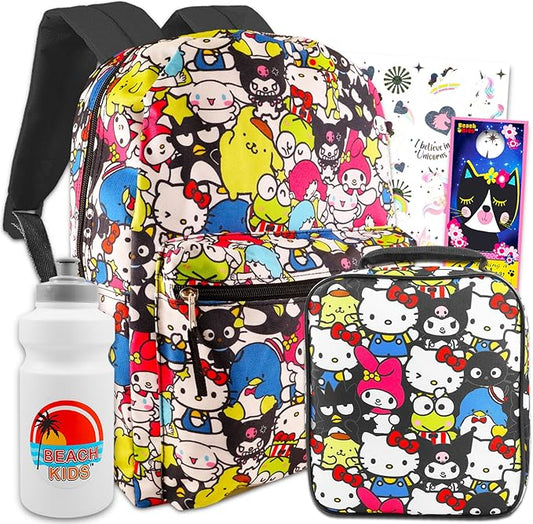 Hello Kitty Backpack with Lunch Box for Set - Bundle with 16" Hello Kitty Backpack, Hello Kitty Lunch Bag, Water Bottle, Tattoos, More | Hello Kitty School Backpack for Girls
