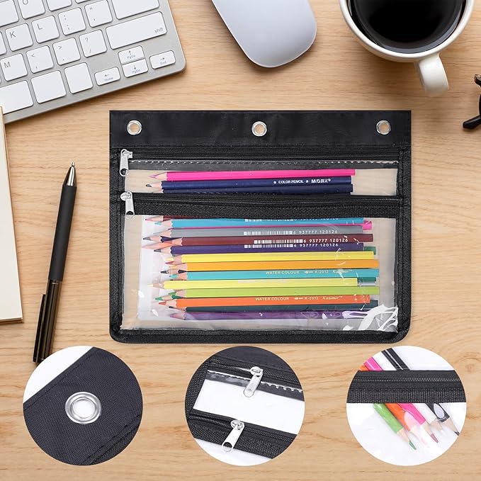 YoeeJob 6 Pack Zipper Pencil Pouches for 3 Ring Binder, 1.5 Inch Expandable with 2 Pockets and Clear Window for School and Office (Black)