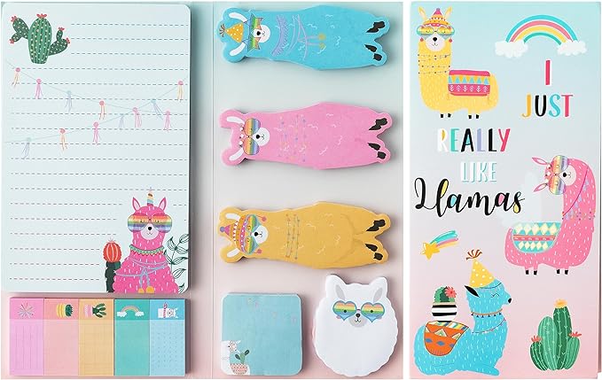Xqumoi I Just Really Like Llamas Sticky Notes Set, 550 Sheets, Cute Cartoon Alpaca Self-Stick Notes Pads Animal Divider Tabs Bundle Writing Memo Pads Back to School Office Supplies Small Gift
