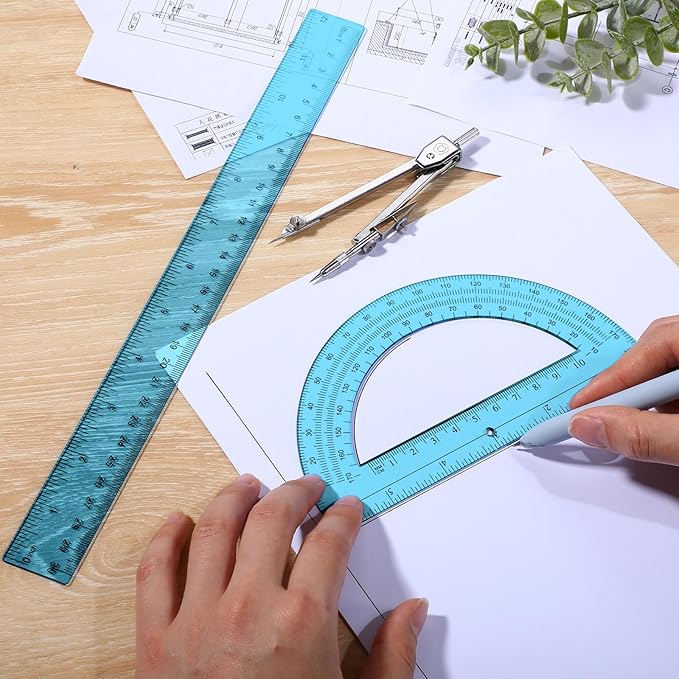 Zonon 3 Pcs Plastic Ruler 6 Inch Protractor Drawing Compass Set, Student Geometry Math Transparent Measuring Tools for Home School Classroom Office Supplies(12 Inch,Blue)