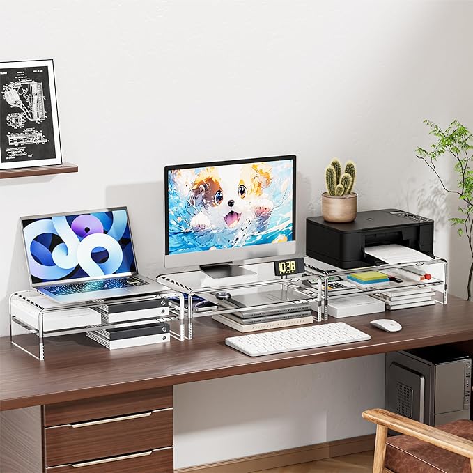 Clear Acrylic Monitor Stand Riser 2 Tier, 5.12 Inches High Clear Computer Desk Organizer Shelf for Multi Media PC Storage Laptop