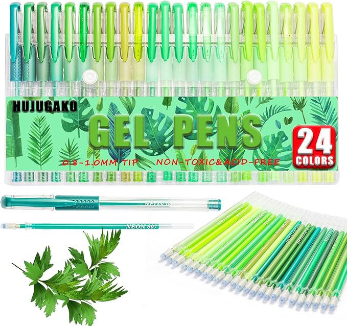 48 Pack Green Gel Pens, 24 Colored Gel Pen with 24 Refills,40% More Ink Write Smooth for Adults Coloring Books Drawing Doodling Scrapbooks Bullet Journaling