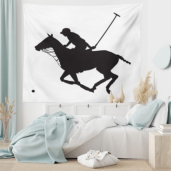 Ambesonne Sports Tapestry King Size, Silhouette Illustration of Polo Player on a Horse Hitting a Ball Print, Wall Hanging Bedspread Bed Cover Wall Decor, King Size, Charcoal Grey