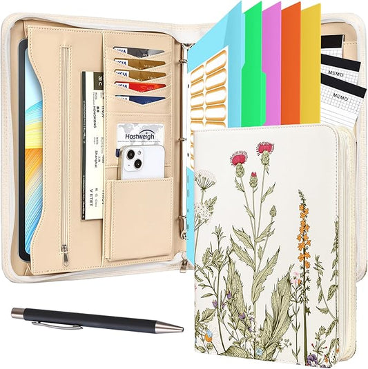 Leathario Portfolio Binder, Includes 5 Folder Index Dividers and 3 Notepads, 3-Ring Folder Organizer, Padfolio with Zipper, Vegan Leather Tablet Sleeve, Business Office Conference Clipboards