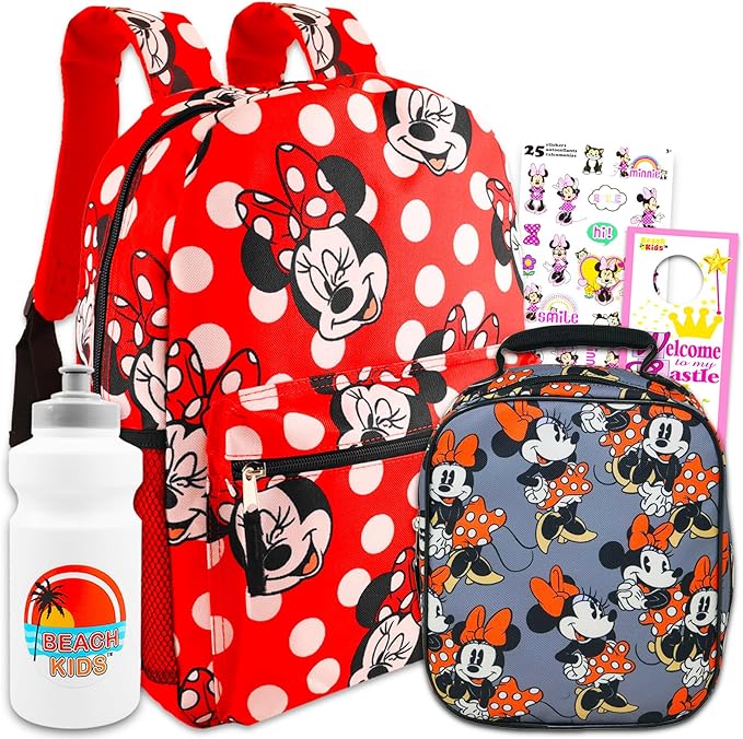 Disney Minnie Mouse Large Travel Backpack & Lunch Bag For Girls Set - Bundle with Polka Dot Minnie Travel Backpack, Minnie Lunch Bag & More | Minnie Travel Set For Kids