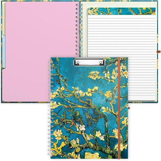 Rimilak Spiral Clipboard Folio with Refillable Lined Notepad, 14.5 x 9.8 in, Hardcover Cover with 5 Interior Pockets, Elastic Band and Pen Loop Series. Cute Stylish Clipfolio, Almond Tree