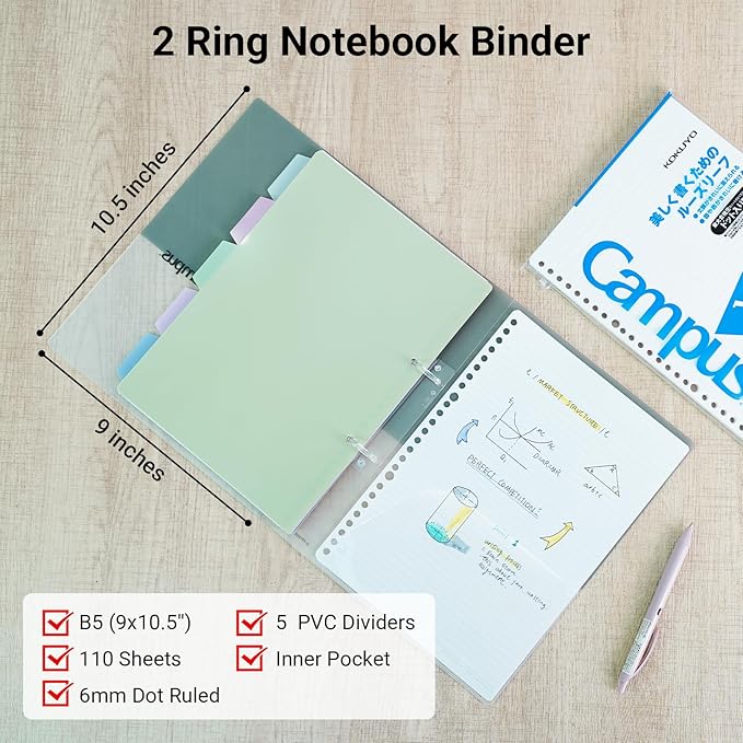 KOKUYO 5 Subject Spiral Notebook Journal, Campus 110 Sheets B5 Refillable Notebook with Dividers Tabs, 6mm Dot Lined Binder Notebook for Work School Note Taking. 9" x 10.5", Pink, Japan Import