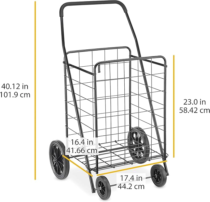Whitmor Extra Large Utility Foldable Shopping Cart with Wheels, 100 Lb Capacity, Heavy Duty Grocery Cart with Steel Frame, Foam Handle, Rolling Collapsible Utility Trolley for Grocery, Laundry, Black
