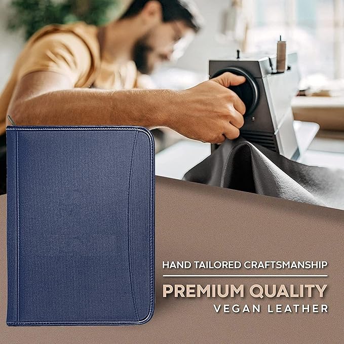 Zippered Portfolio Organizer/ A4 Refillable Lined Writing Notepad Folder Case/Fabric-Covered Padfolio Binder with Interior Storage Pocket for Men Women, Navy Blue