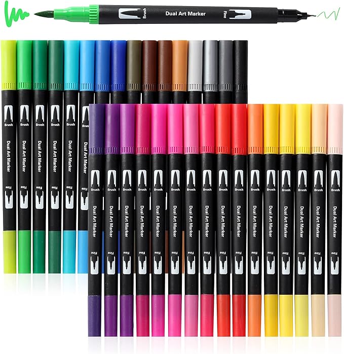 Art Markers Brush Pen, Markers for Adult Coloring Books No Bleeding,32 Colored Pens Fine Point Highlighter Pen & Brush for Adult Coloring Journaling Note Taking Planner
