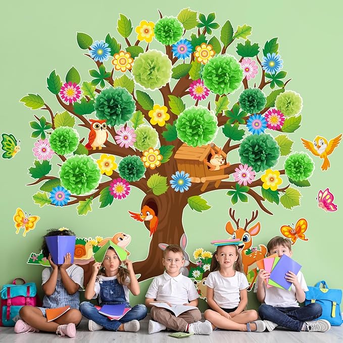 Pajean 110 Pieces Classroom Tree Bulletin Board Set Spring Tree Bulletin Board Decoration with Paper Pom Poms 3D Flowers Leaves Butterfly Cutouts for School Classroom Home Wall Chalkboard Decor