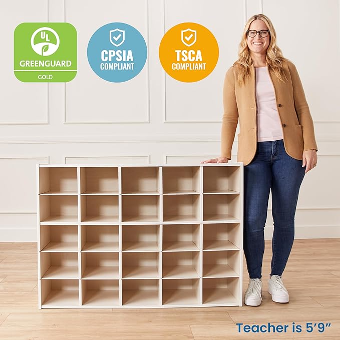 ECR4Kids Streamline 25 Cubby Tray Storage Cabinet, 5x5, Classroom Furniture, White Wash