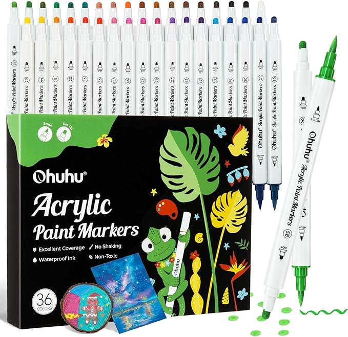 Ohuhu Acrylic Paint Markers Dual Tips: 36 Colors Brush & Dot Paint Pens High Opacity Acrylic Markers Waterproof Lightfast for Christmas Gifts Rock Painting 3D Prints Eggs Wood Glass Ceramic DIY Crafts