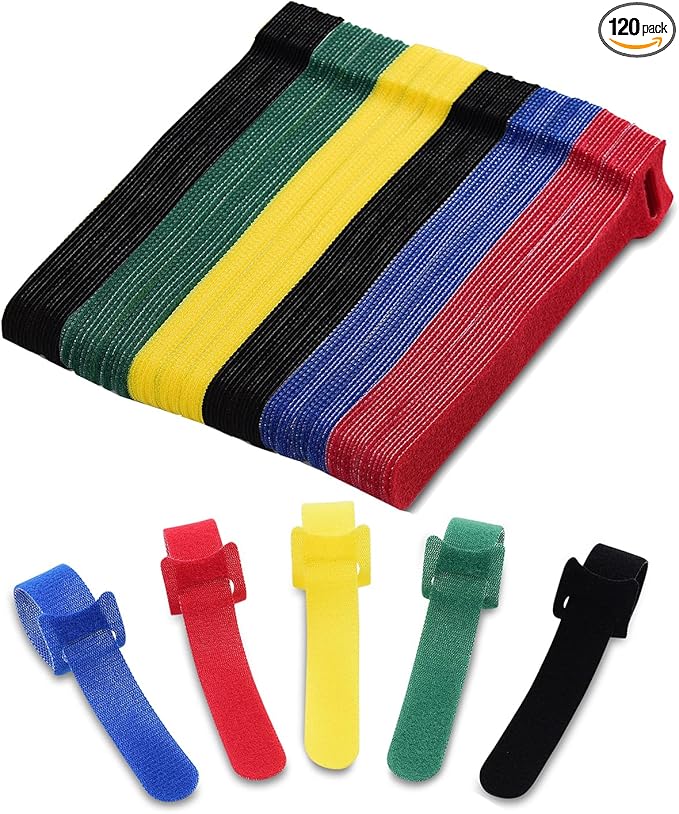 120 Pack Reusable Cable Ties 6 Inch - Adjustable Multi-Color Cord Ties & Cable Straps for Wire Management - Hook and Loop Cord Organizer for Electronics, PC & Desk - Strong Grip Zip Tie Alternative