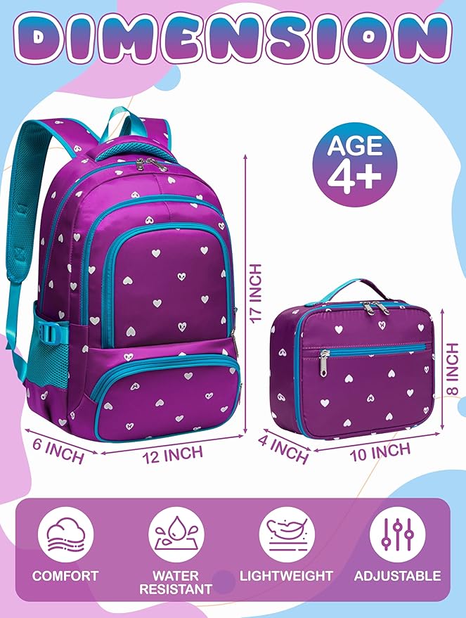 BLUEFAIRY Kids Backpack with Lunch Box for Girls Boys Elementary Primary Middle School Bag with Lunch Bag Set 17 Inch Bookbag Mochilas Escolares para Niñas Niños (Hearts, Purple)