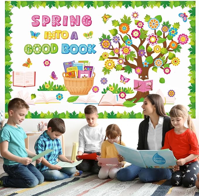 Epakh Spring Flower Reading Tree Bulletin Board Set Spring Into a Good Book Classroom Decorations Butterfly Floral Accent Paper Cutouts for March Library Door Wall Decor Birthday Party Supplies
