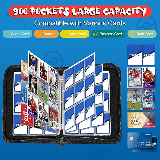 900 Pockets Trading Card Binder with 50 Removable Card Sleeves, 9-Pocket Card Holder Book Compatible with Baseball Binder for Cards, Card Collector Album with Zipper Carrying Case
