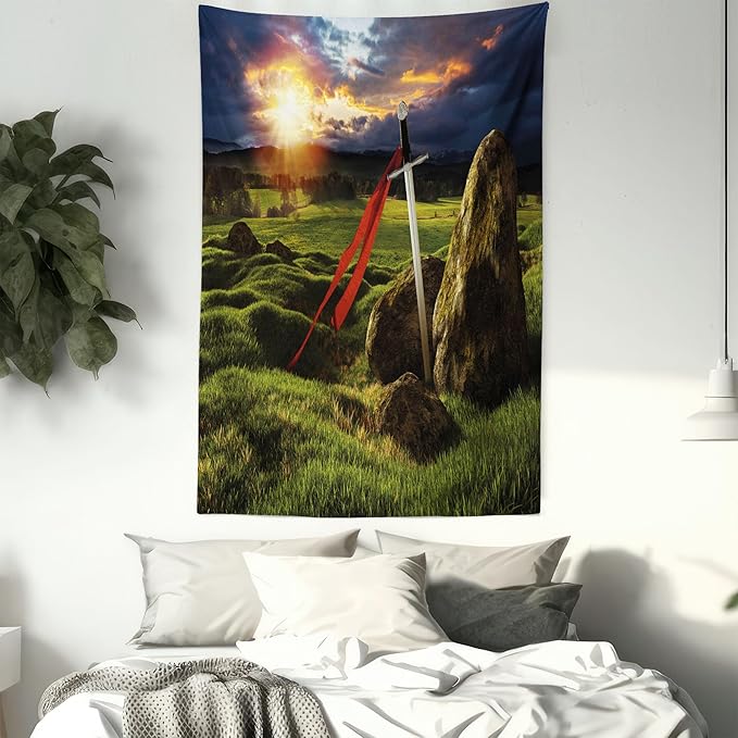 Ambesonne King Tapestry Queen Size, Arthur Camelot Myth in England Ireland Fields Invincible Myth Image, Wall Hanging Bedspread Bed Cover Wall Decor, 88" X 88", Green Blue Red