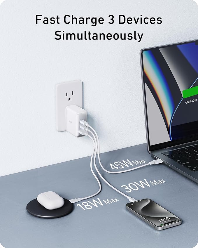 Anker Nano 100W USB-C Charger, 3-Port Fast Compact GaN Charger for MacBook Pro/Air, Pixelbook, ThinkPad, Dell XPS, iPad Pro, iPhone 16 Series, Galaxy S23, and More (1 Pack & 1 Cable) (White)