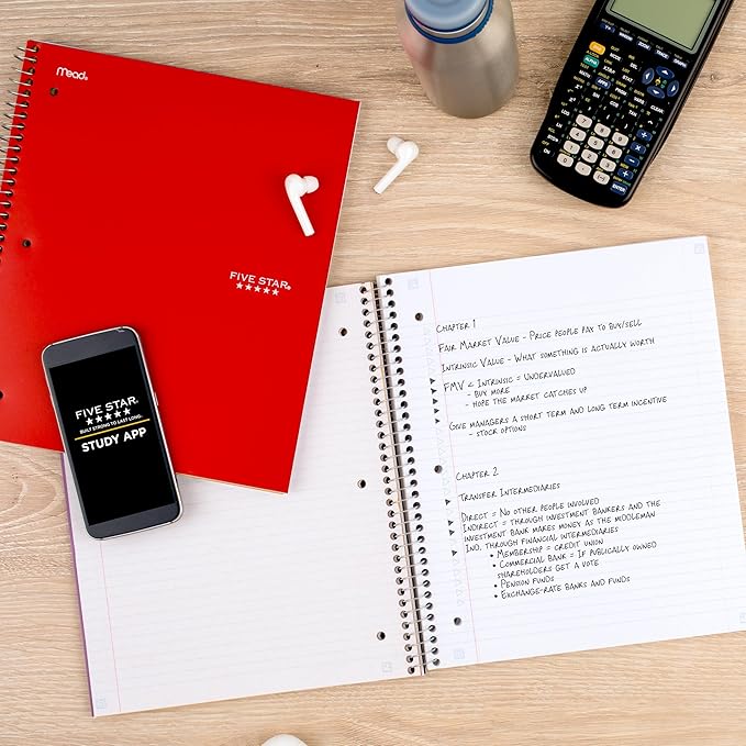 Five Star Spiral Notebook + Study App, 3 Subject, College Ruled Paper, 8-1/2" x 11", 150 Sheets, Fights Ink Bleed, Water Resistant Cover, Fire Red (72065)