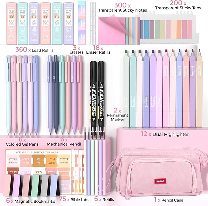 Nicpro 71PCS Bible Study Supplies, Bible Journaling Kit with Pencil Case, Highlighters, Pens, Mechanical Pencils, Sticky Notes & Tabs, Book Aesthetic Annotation Kit for Students Women Christian Gifts
