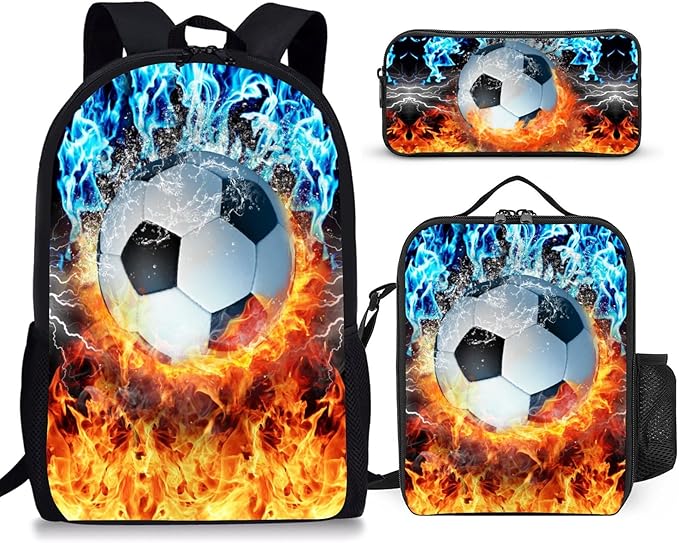 3PCS Soccer Backpack Set for Boys, Lightweight Large Backpack with Lunch Box & Pencil Case, Cool Sport Bookbag for Kids, Back to School Backpacks for Elementary & Middle School - 01