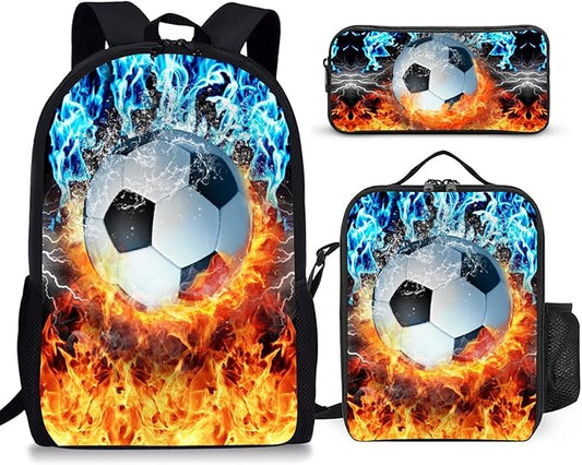 3PCS Soccer Backpack Set for Boys, Lightweight Large Backpack with Lunch Box & Pencil Case, Cool Sport Bookbag for Kids, Back to School Backpacks for Elementary & Middle School - 01