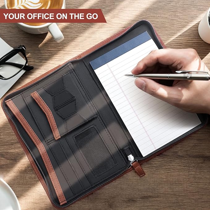 Godery Padfolio/Portfolio, Leather Zippered Padfolio Portfolio Binder 5 x 8 Legal Writing Pad, Professional Business Portfolio for Men & Women, Card Holder, Notepad Clipboard Holder (Brown-9.5 * 6.5)