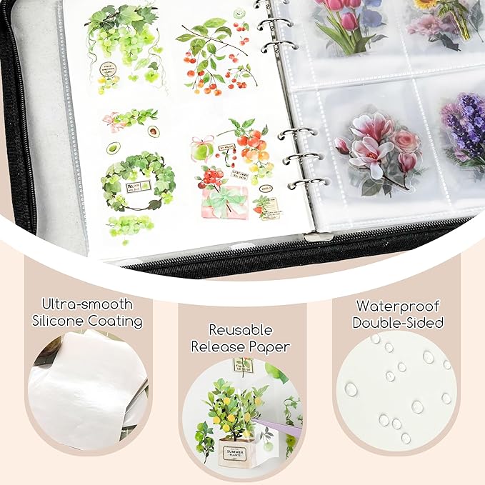 5-in-1 Sticker Organizer Book Reusable A5 Storage Binder with 220 Pockets,10 Release Papers, Zipper Album Sticker Collecting Display Keeper (Black)