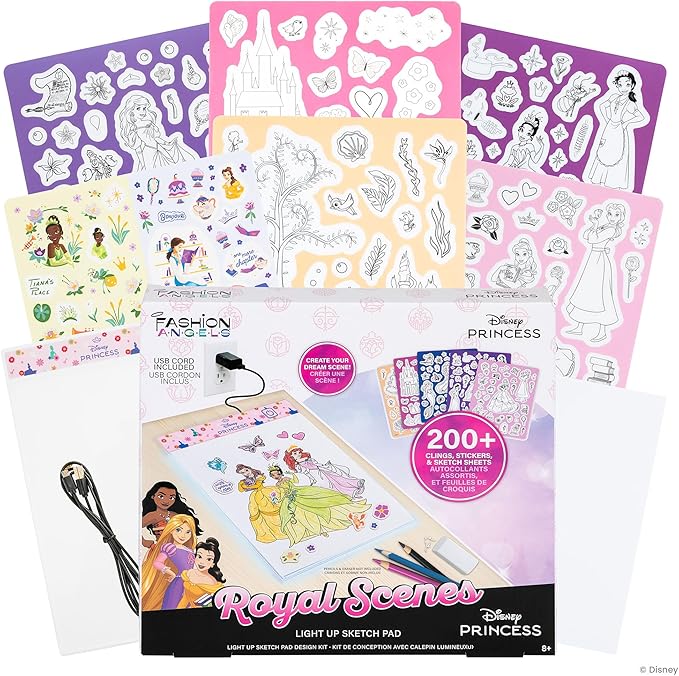 Fashion Angels Disney Princess Light Up Sketchpad, Kids Design Kit with Illuminated Tracing Pad, 5 Reusable Clings, Sticker Sheet & More for Girls Ages 8+