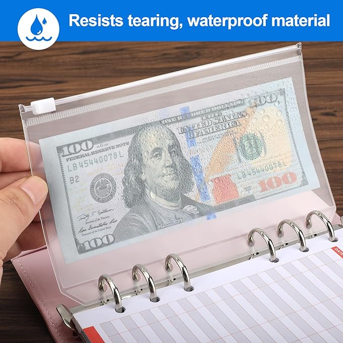 KTRIO 16PCS A6 Binder Pockets 6 Holes Cash Envelopes for Budgeting, Clear Zipper Pouch Folders A6 Planner Inserts, Waterproof PVC Loose Leaf Filing Bags Plastic Money Coupon Sticky Notes Organizer