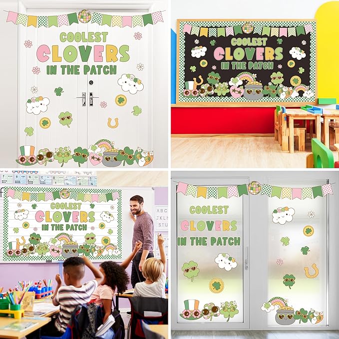 St. Patrick's Day Bulletin Board Set Classroom Decorations Irish Clover Bulletin Board Decorations Lucky Shamrock Cutouts for Bulletin Board St.Patrick’s Party Supply Classroom Chalkboard Wall Decor