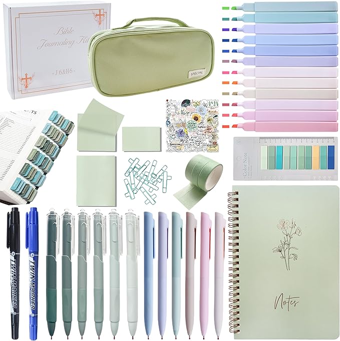 J6&H6 Complete Bible Study Supplies Journaling Kit with Tabs, Highlighters and Color Pens, Notebook,Stickers & More 56pcs Bible Accessories Set for Women, Beginner Christian Gifts(Green)