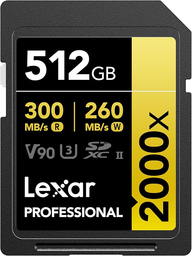 Lexar 512GB Professional 2000x SDXC Memory Card, UHS-II, C10, U3, V90, Full-HD & 8K Video, Up to 300MB/s Read, for DSLR, Cinema-Quality Video Cameras (LSD2000512G-RNNNU)