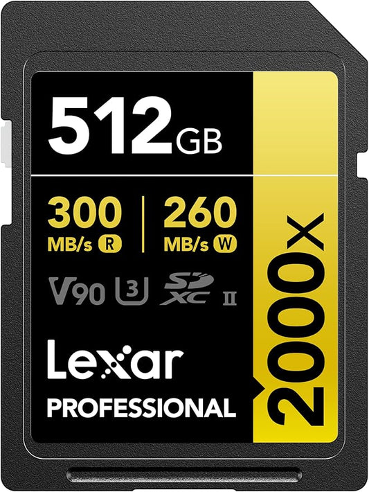 Lexar 512GB Professional 2000x SDXC Memory Card, UHS-II, C10, U3, V90, Full-HD & 8K Video, Up to 300MB/s Read, for DSLR, Cinema-Quality Video Cameras (LSD2000512G-RNNNU)