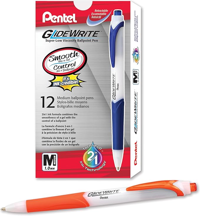 Pentel GlideWrite Ballpoint Pen with TechniFlo Ink, (1.0mm) Medium Line, Orange Ink, Box of 12 (BX910-F)