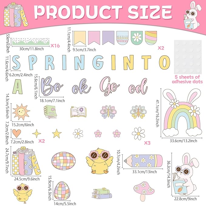 Spring Reading Bulletin Board Decorations Easter Spring into A Good Book Bulletin Board Set Pastel Chick Bunny Rainbow Books Cutouts for School Library Classroom Chalkboard Wall Party Decor Supplies