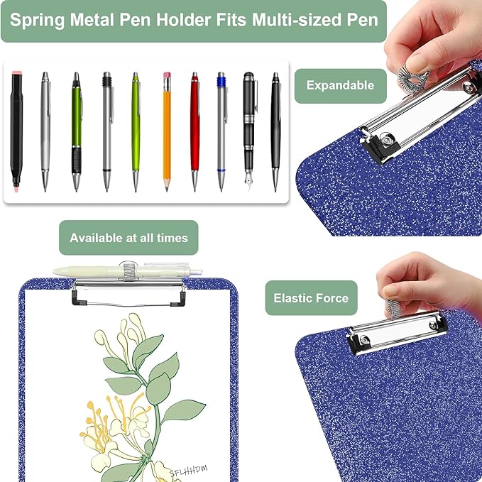 1 Pcs Clear Glitter Clipboards, Plastic Clipboard with Pen Holder,Size 8.85 x 12.4 in Shiny Clipboards with Low Profile Clip,Cute Hanging Clipboard for Office Supplies Sparkly Clip Board-Navy Blue