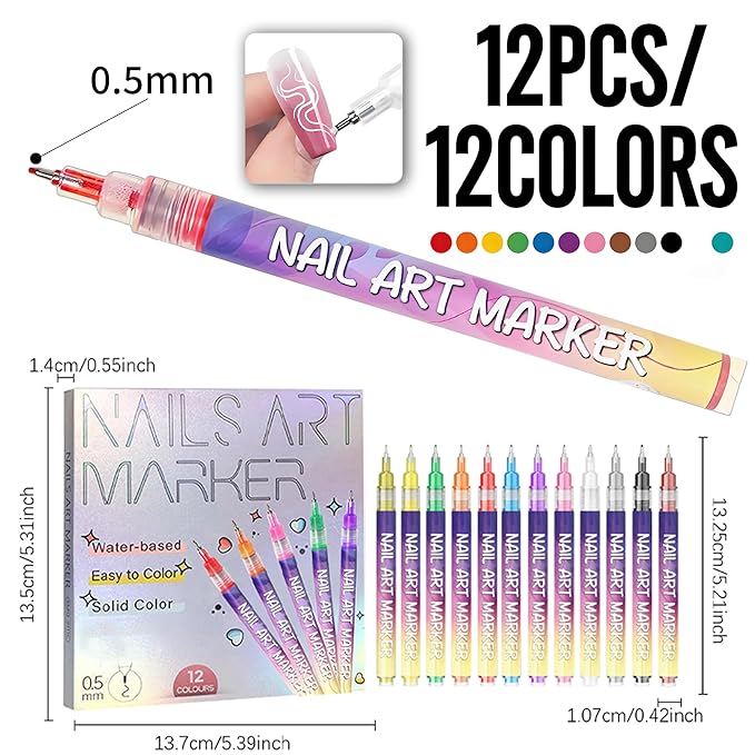 12 Colors Nails Art Pens Set,0.55mm Ultra Fine Tip,Upgraded Gel Nail Markers for 3D Designs,DIY Nail Painting Detail Drawing Tools(A-1 Set)
